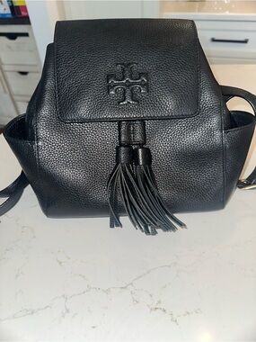 Tory Burch Black Pebbled Leather Tassel Backpack